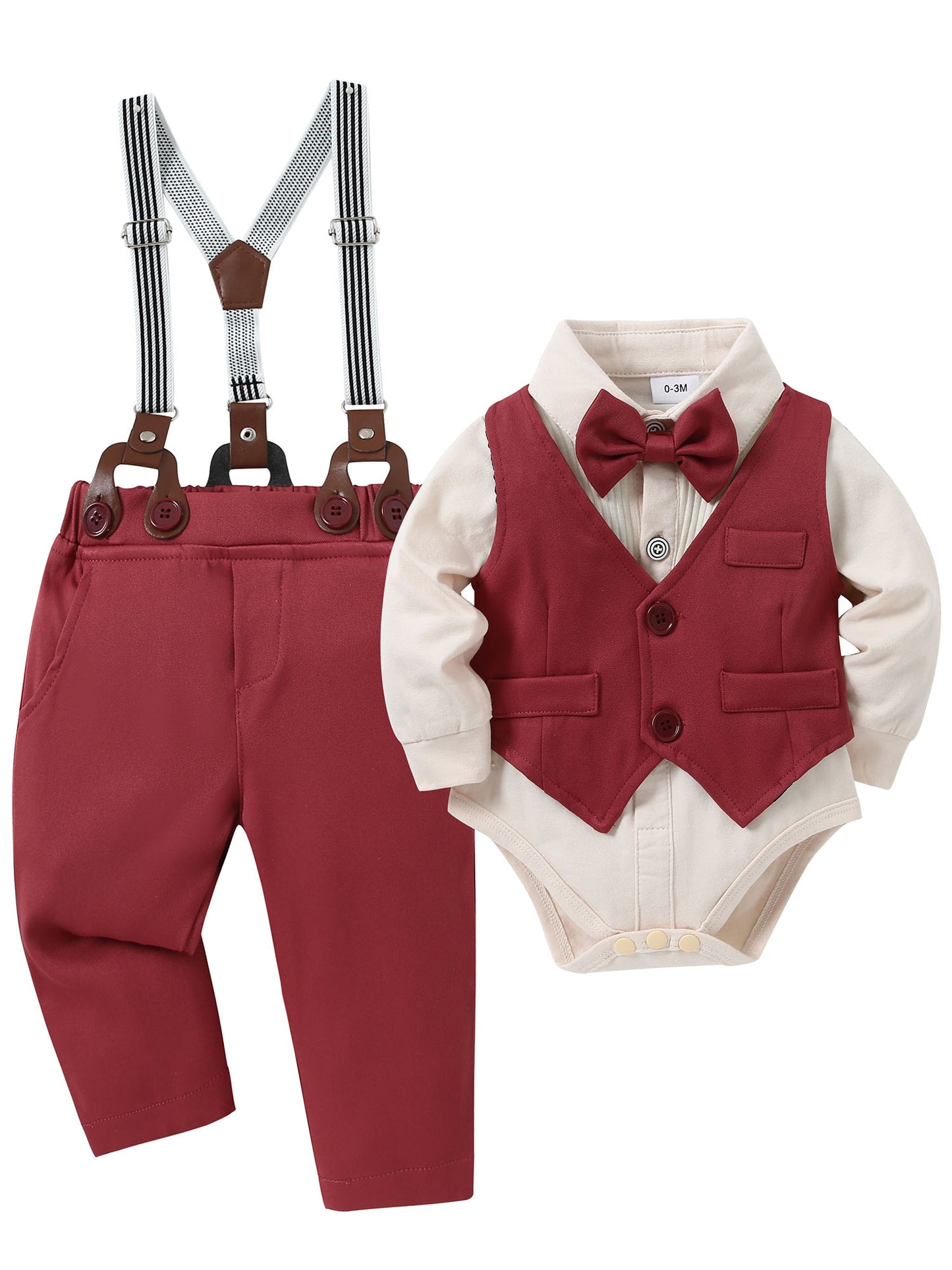 Baby Boy Clothes Wedding Outfit Suits, Infant Boy Gentleman Set with Dress Shirt, Vest, Suspenders, Pants, Bowtie
