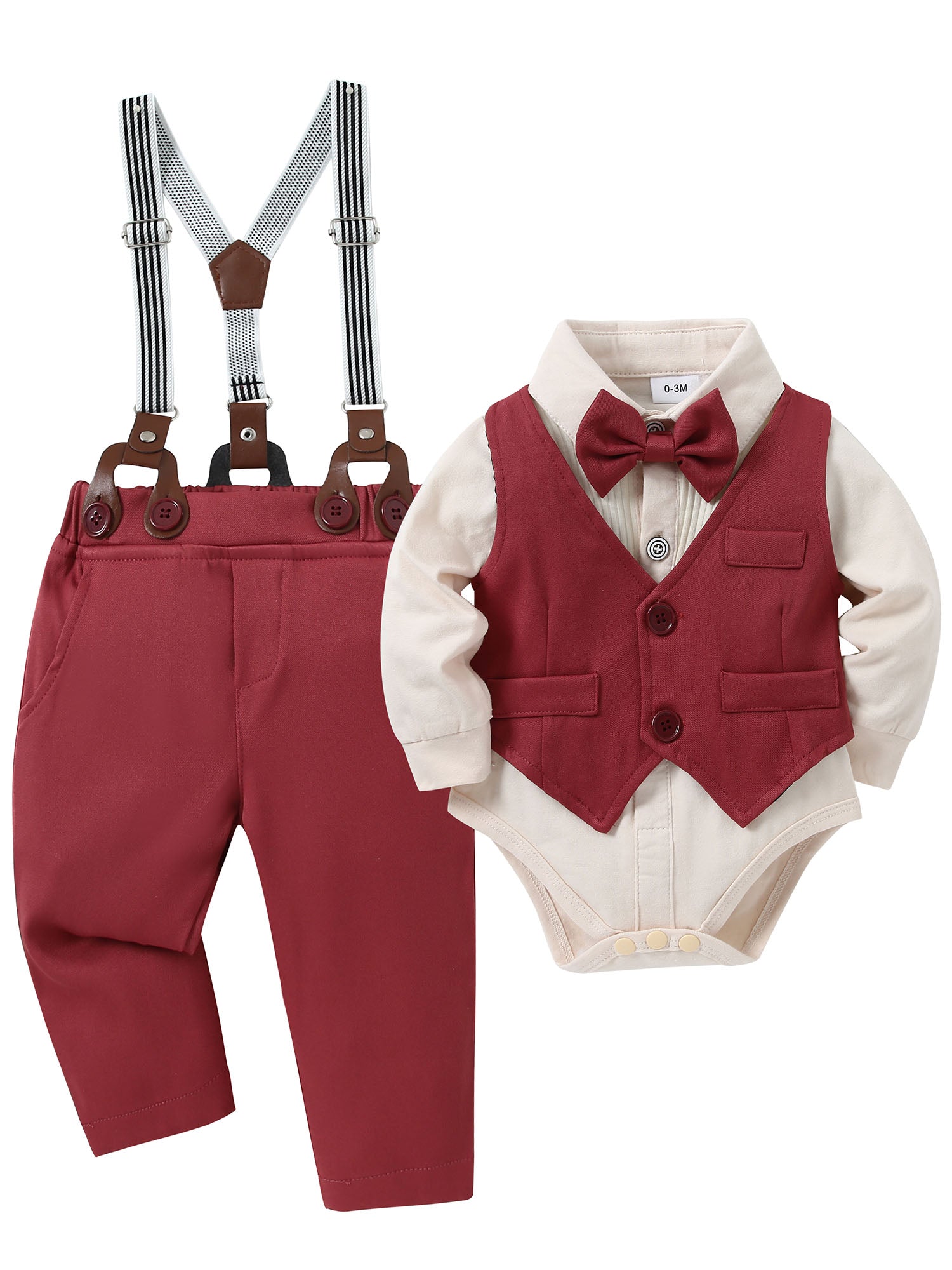 Baby Boy Clothes Wedding Outfit Suits, Infant Boy Gentleman Set with Dress Shirt, Vest, Suspenders, Pants, Bowtie