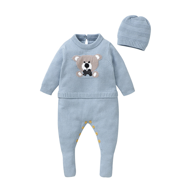 0-18m Baby Romper and Hat Set, Soft Knitted Newborn Boy Outwear, 2pcs Long Sleeve Playsuit Costume for Spring, Fall