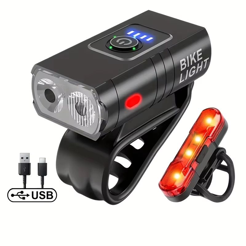 Ultra-Bright USB Rechargeable Bicycle Light Set – Aluminum Alloy Headlight with Six Modes & Rear Taillight