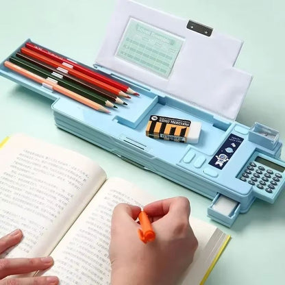 Multi-Functional Stationery Box for Students – Magnetic Double-Sided Pencil Case with Calculator & Sharpener