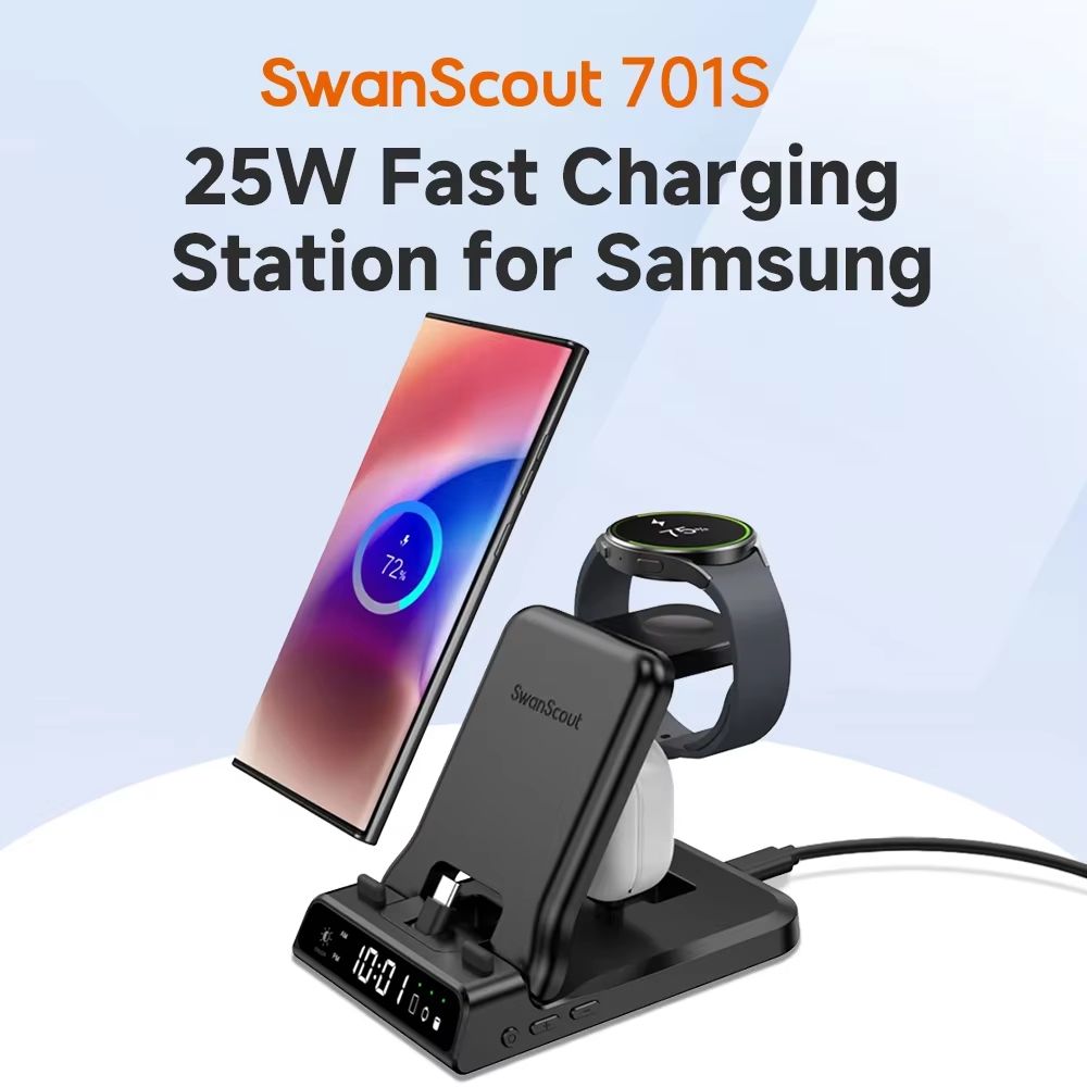 SwanScout 701S 3-in-1 Charging Station for Samsung Galaxy S25/S24/S23, Z Flip 7, Z Fold 6, Watch 8/7/6 & Buds 3 Pro