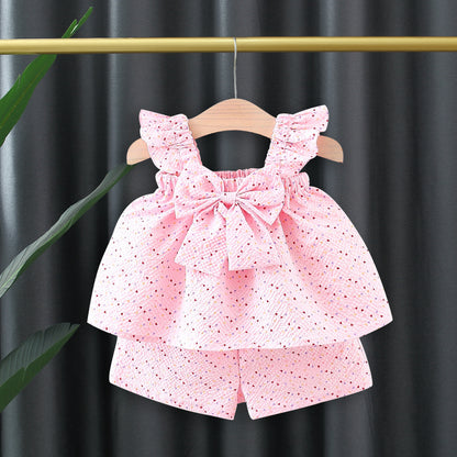 Girl Infant Set Summer Colorful Dot Flying Sleeve Top  Bow Shorts TwoPiece Set 5
