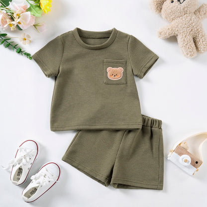 2024 Summer Kids Suit, Toddler Boys, Girls 2-Piece Set with Cute Bear Print, Breathable Short Sleeve Shirt, Comfortable
