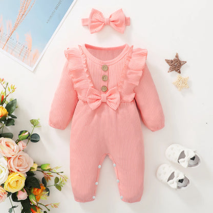 Newborn Baby Girl Romper Outfit, Long Sleeved Ruffle Bodysuit with Headband for Autumn & Winter
