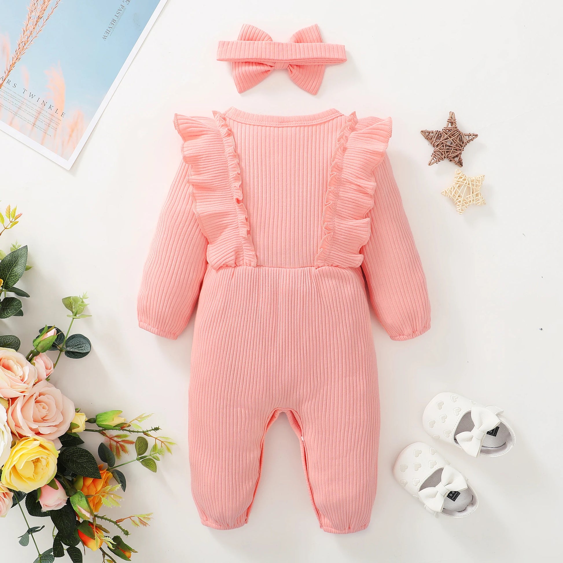 Newborn Baby Girl Romper Outfit Long Sleeved Ruffle Bodysuit With Headband For Autumn  Winter 4