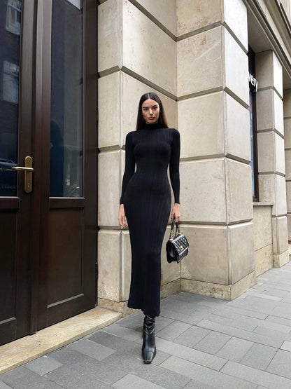 Women Knitted Long Sleeved Sweater Dress Autumn Winter Sexy Slim Fit, Striped High Elasticity Female Vestidos Outfit