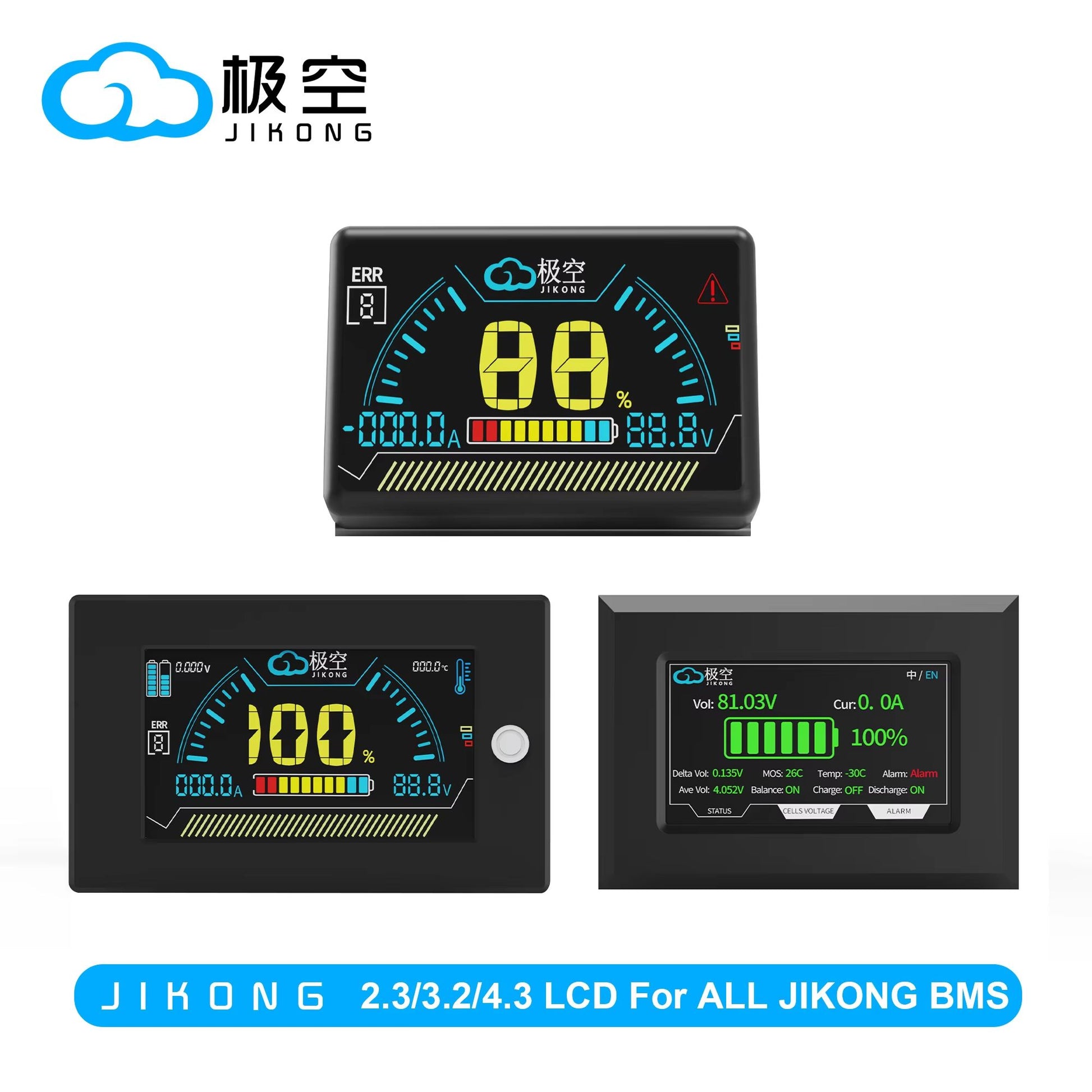 JIKONG LCD Display Screen for BMS – 2.3/3.2/4.3 Inch with 120cm Cable & Mounting Kit