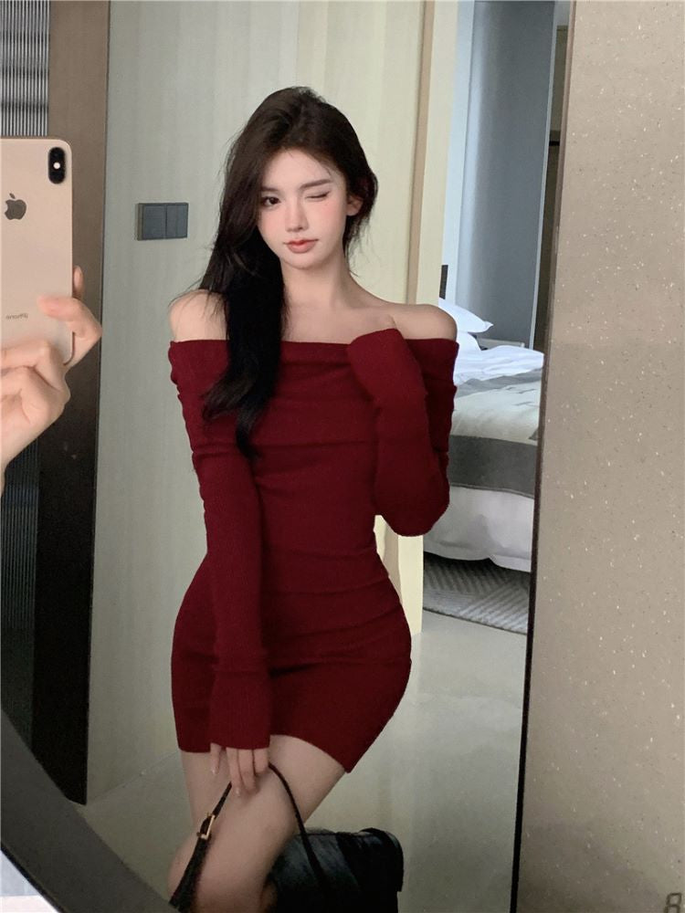 Elegant Black Off Shoulder Mini Dresses, Long Sleeve Fashion Slim Sexy Women Autumn Winter Bodycon Sweater Dress