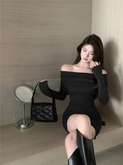 Elegant Black Off Shoulder Mini Dresses, Long Sleeve Fashion Slim Sexy Women Autumn Winter Bodycon Sweater Dress