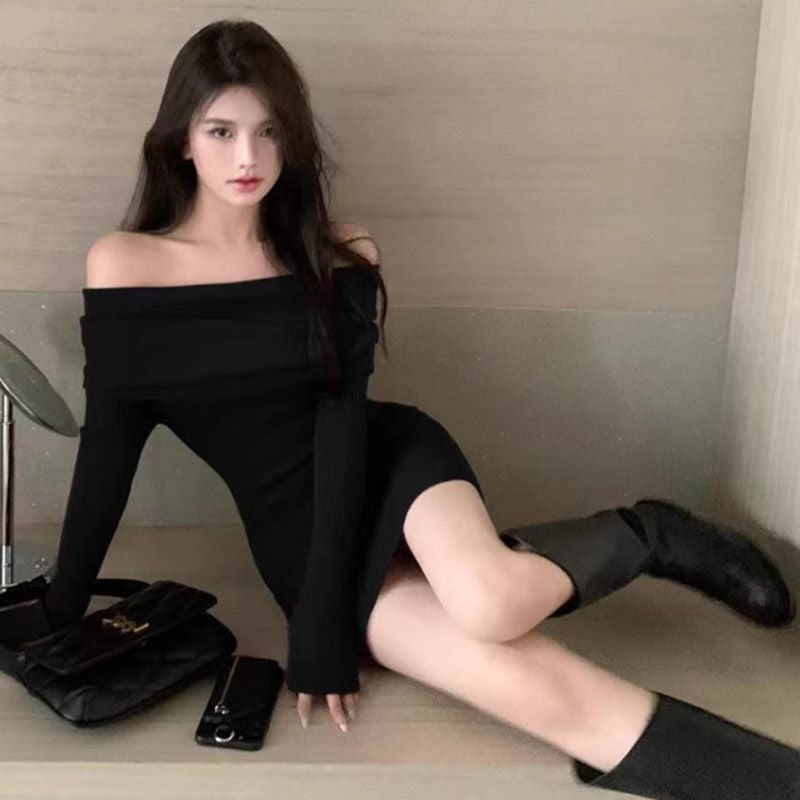 Elegant Black Off Shoulder Mini Dresses, Long Sleeve Fashion Slim Sexy Women Autumn Winter Bodycon Sweater Dress