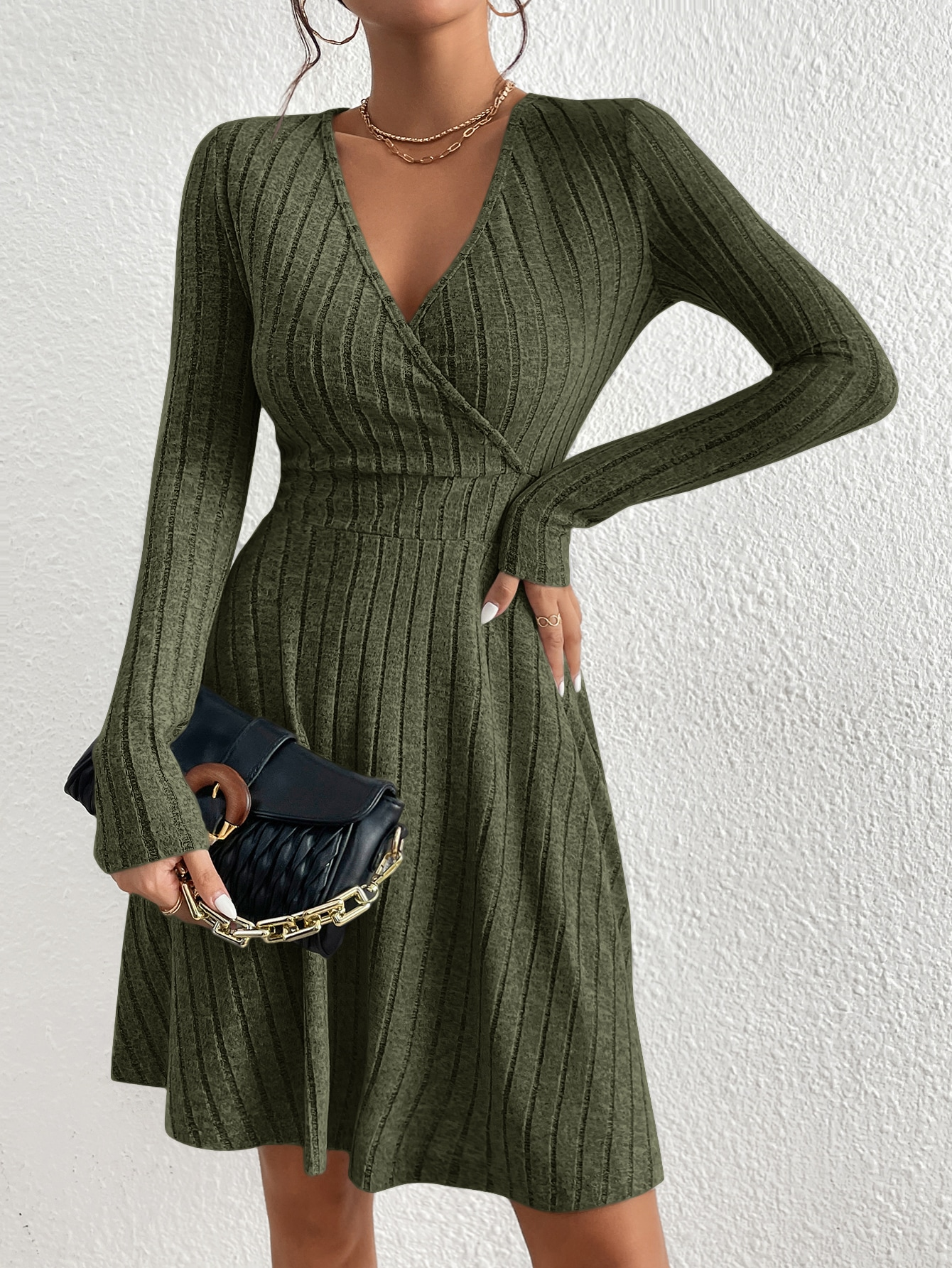 Slim Fit V Neck Long Sleeve Knit Dress For Women Autumn Winter Bodycon Sweater Midi Casual Solid Co 5