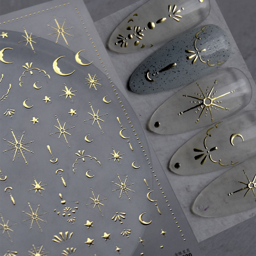 3D Gold Sun Moon Star Bronzing Nail Art Sticker, Laser Star Moon Design, Self-Adhesive Slider Decals in Gold, Silver