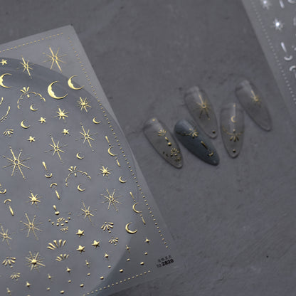 3D Gold Sun Moon Star Bronzing Nail Art Sticker, Laser Star Moon Design, Self-Adhesive Slider Decals in Gold, Silver