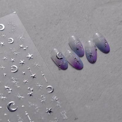 3D Gold Sun Moon Star Bronzing Nail Art Sticker, Laser Star Moon Design, Self-Adhesive Slider Decals in Gold, Silver
