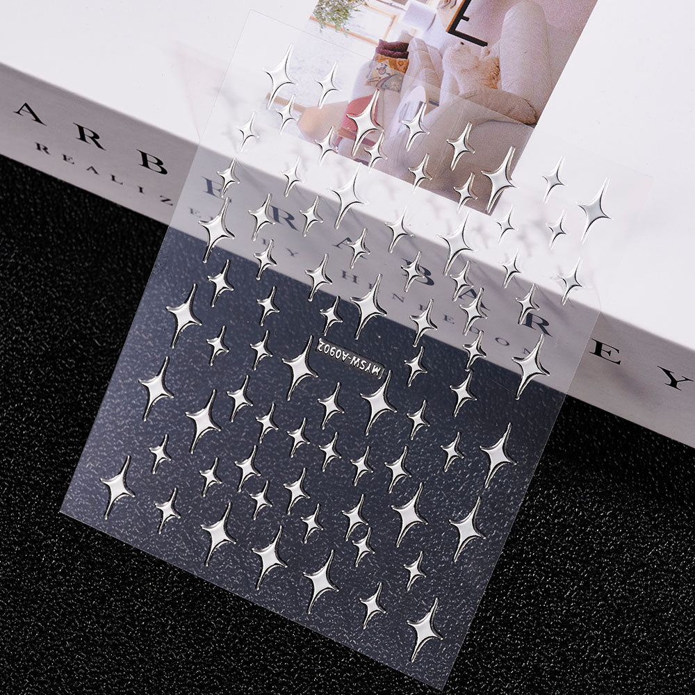 3D Gold Sun Moon Star Bronzing Nail Art Sticker, Laser Star Moon Design, Self-Adhesive Slider Decals in Gold, Silver