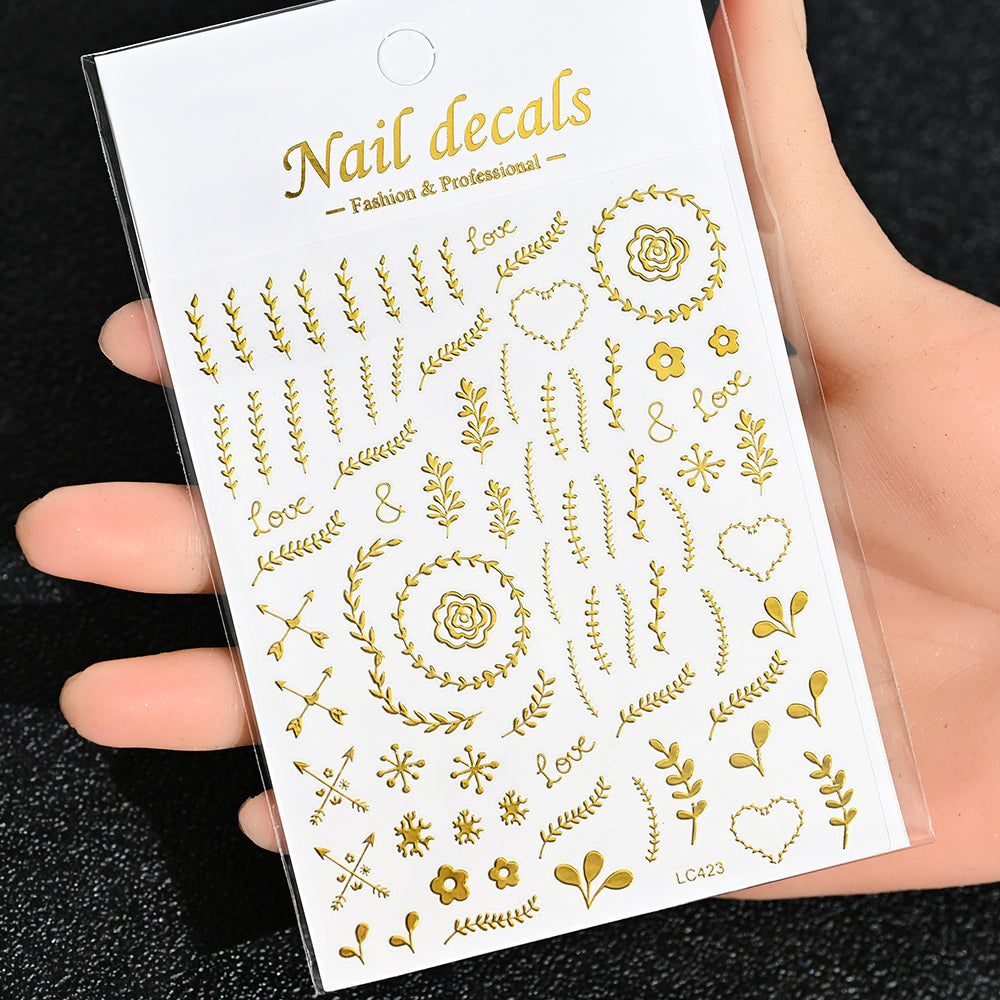 3D Gold Sun Moon Star Bronzing Nail Art Sticker, Laser Star Moon Design, Self-Adhesive Slider Decals in Gold, Silver