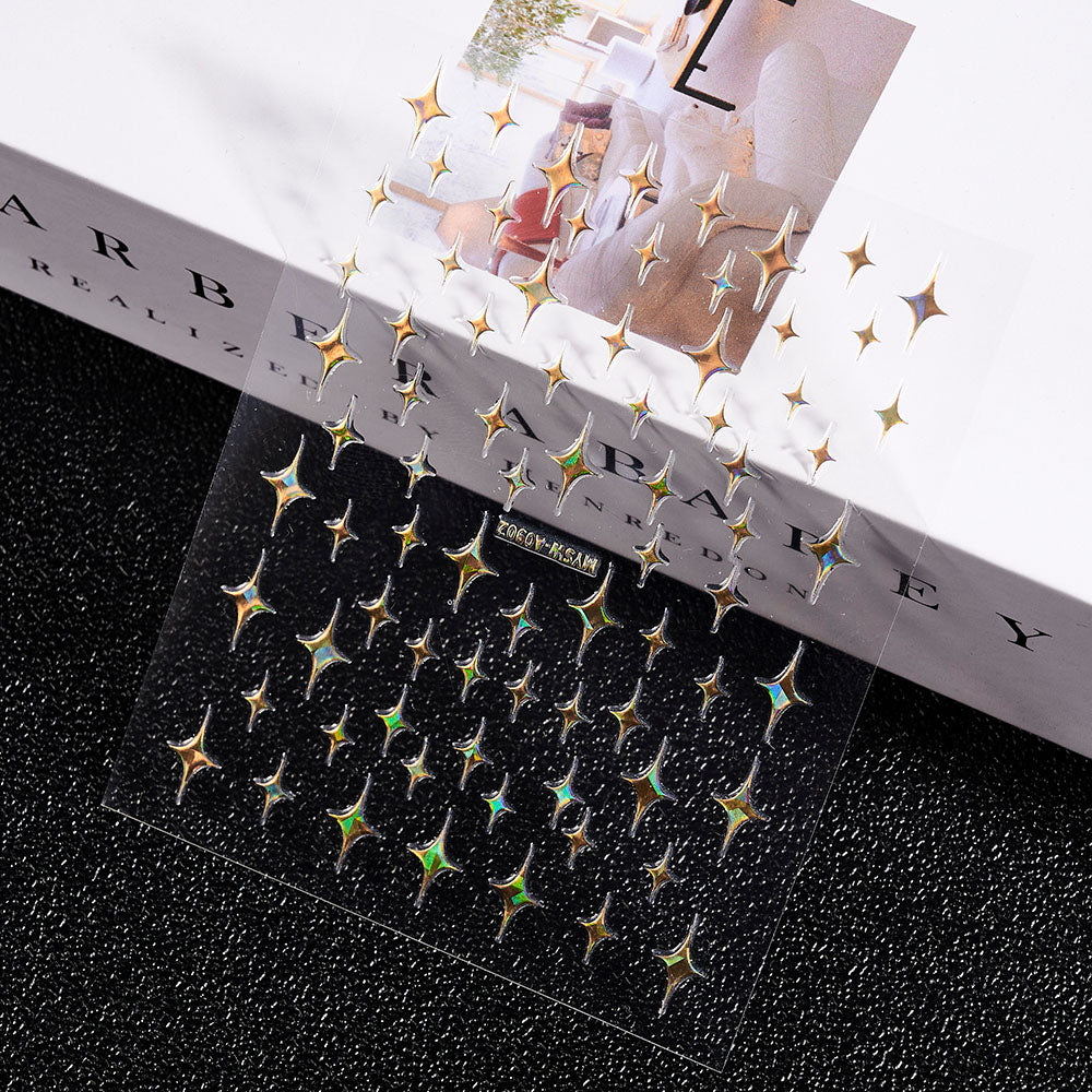 3D Gold Sun Moon Star Bronzing Nail Art Sticker, Laser Star Moon Design, Self-Adhesive Slider Decals in Gold, Silver