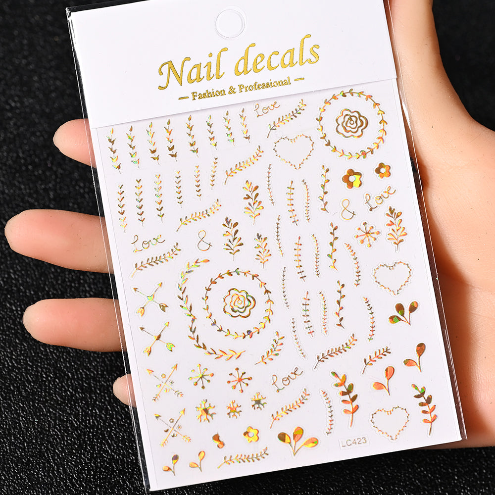 3D Gold Sun Moon Star Bronzing Nail Art Sticker, Laser Star Moon Design, Self-Adhesive Slider Decals in Gold, Silver