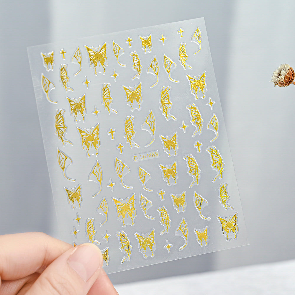 3D Gold Sun Moon Star Bronzing Nail Art Sticker, Laser Star Moon Design, Self-Adhesive Slider Decals in Gold, Silver