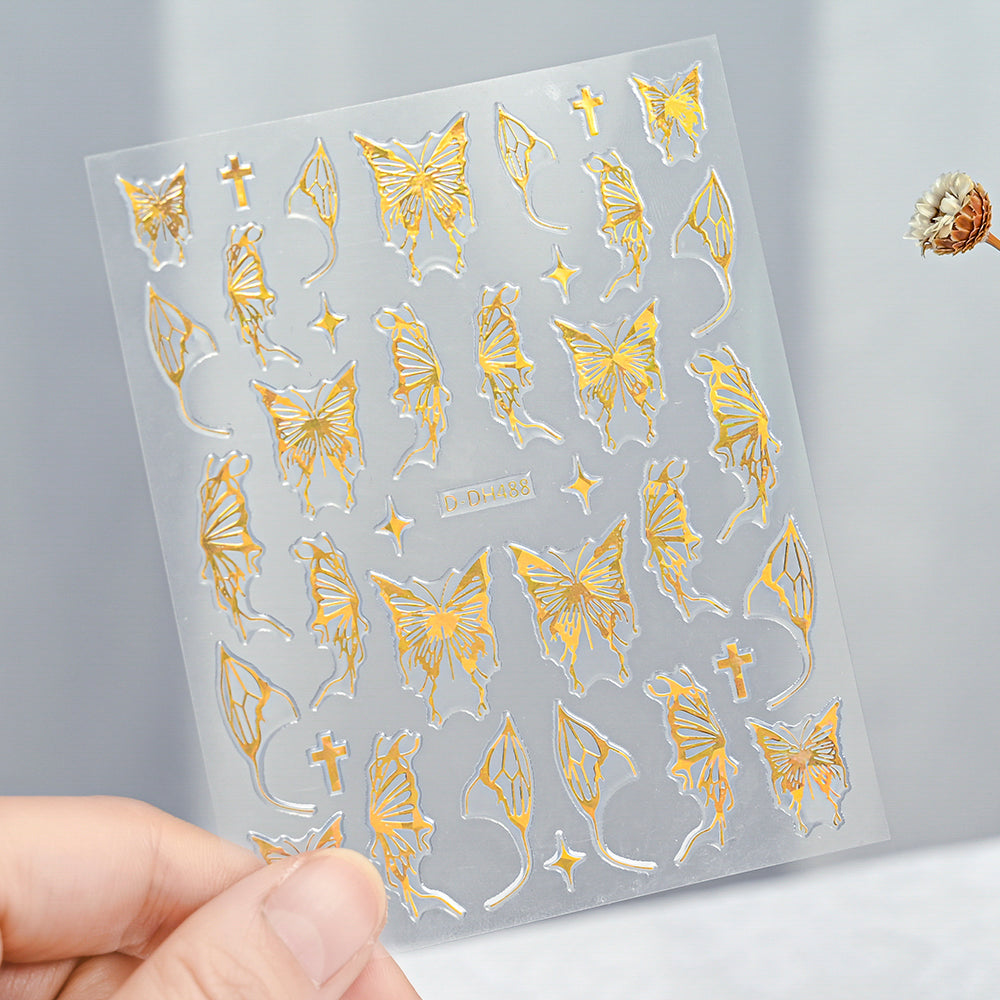 3D Gold Sun Moon Star Bronzing Nail Art Sticker, Laser Star Moon Design, Self-Adhesive Slider Decals in Gold, Silver