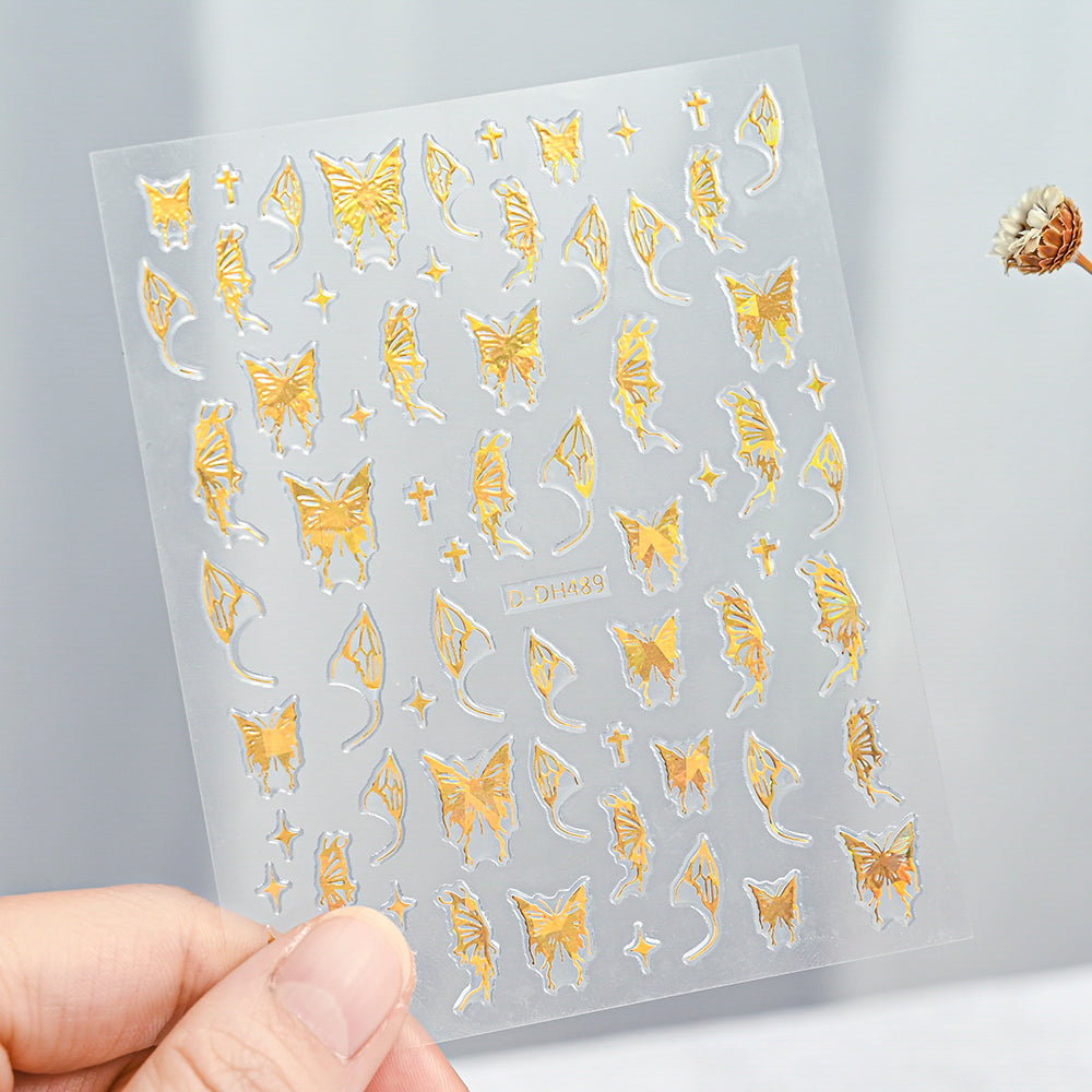 3D Gold Sun Moon Star Bronzing Nail Art Sticker, Laser Star Moon Design, Self-Adhesive Slider Decals in Gold, Silver