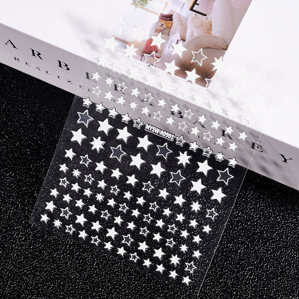 3D Gold Sun Moon Star Bronzing Nail Art Sticker, Laser Star Moon Design, Self-Adhesive Slider Decals in Gold, Silver
