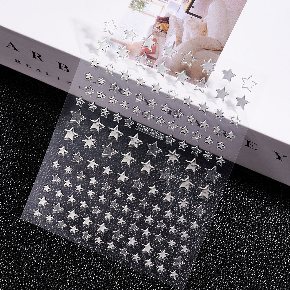 3D Gold Sun Moon Star Bronzing Nail Art Sticker, Laser Star Moon Design, Self-Adhesive Slider Decals in Gold, Silver