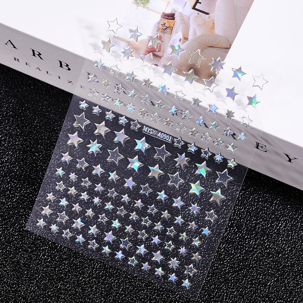 3D Gold Sun Moon Star Bronzing Nail Art Sticker, Laser Star Moon Design, Self-Adhesive Slider Decals in Gold, Silver