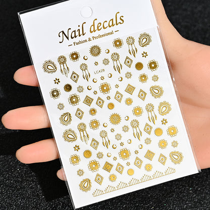 3D Gold Sun Moon Star Bronzing Nail Art Sticker, Laser Star Moon Design, Self-Adhesive Slider Decals in Gold, Silver