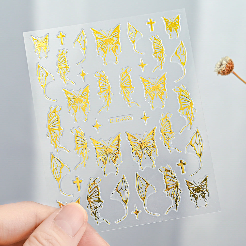 3D Gold Sun Moon Star Bronzing Nail Art Sticker, Laser Star Moon Design, Self-Adhesive Slider Decals in Gold, Silver