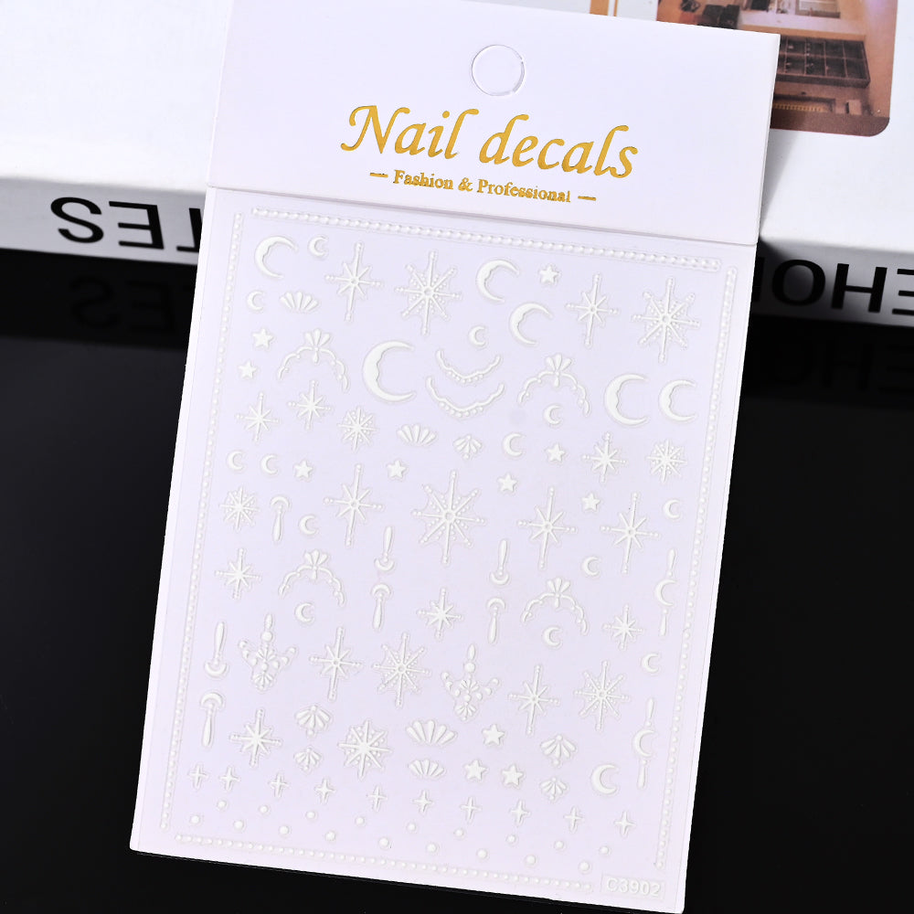 3D Gold Sun Moon Star Bronzing Nail Art Sticker, Laser Star Moon Design, Self-Adhesive Slider Decals in Gold, Silver