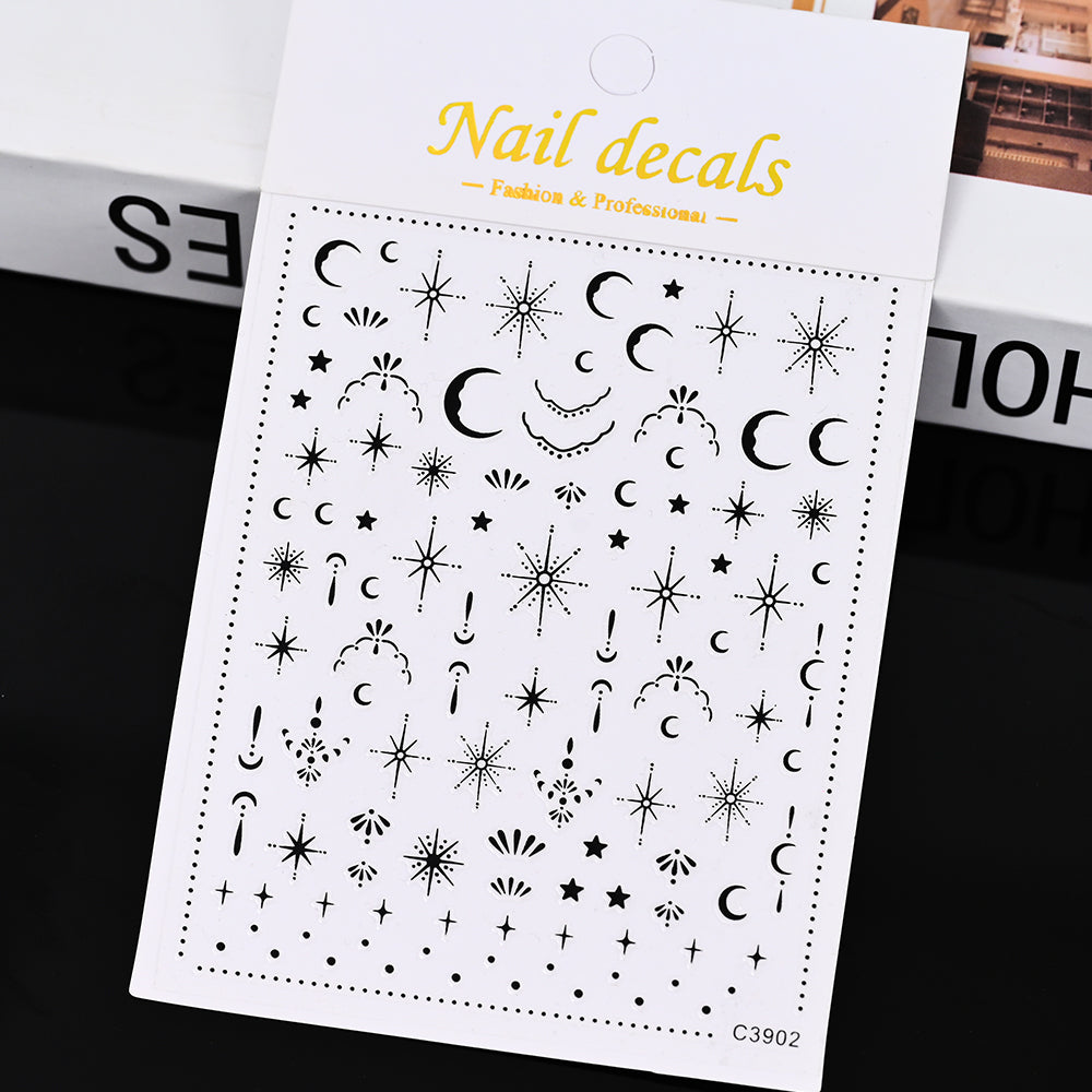 3D Gold Sun Moon Star Bronzing Nail Art Sticker, Laser Star Moon Design, Self-Adhesive Slider Decals in Gold, Silver