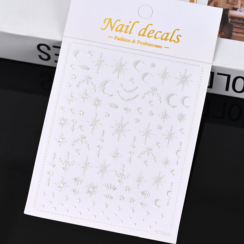 3D Gold Sun Moon Star Bronzing Nail Art Sticker, Laser Star Moon Design, Self-Adhesive Slider Decals in Gold, Silver