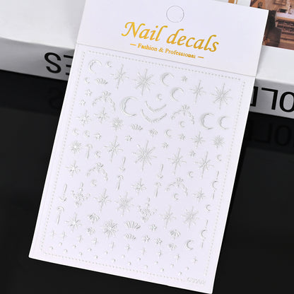 3D Gold Sun Moon Star Bronzing Nail Art Sticker, Laser Star Moon Design, Self-Adhesive Slider Decals in Gold, Silver