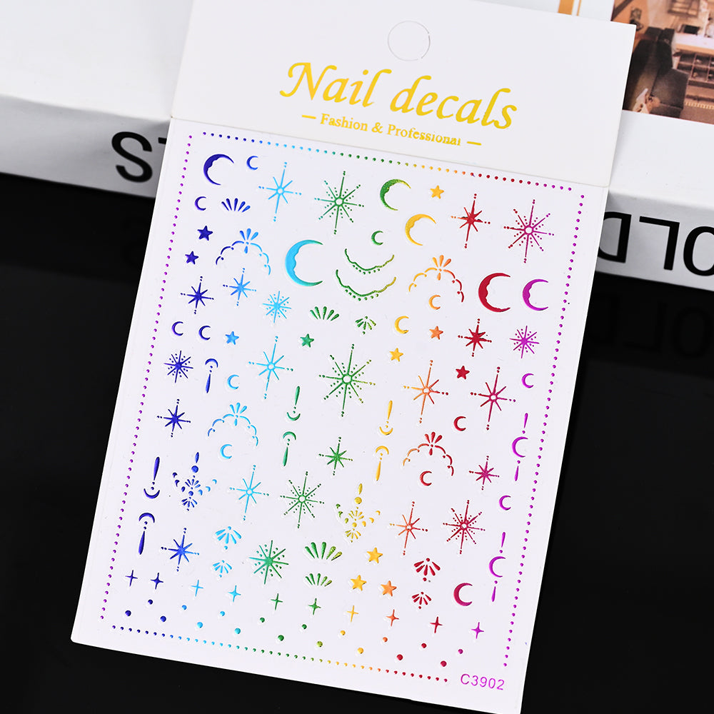 3D Gold Sun Moon Star Bronzing Nail Art Sticker, Laser Star Moon Design, Self-Adhesive Slider Decals in Gold, Silver