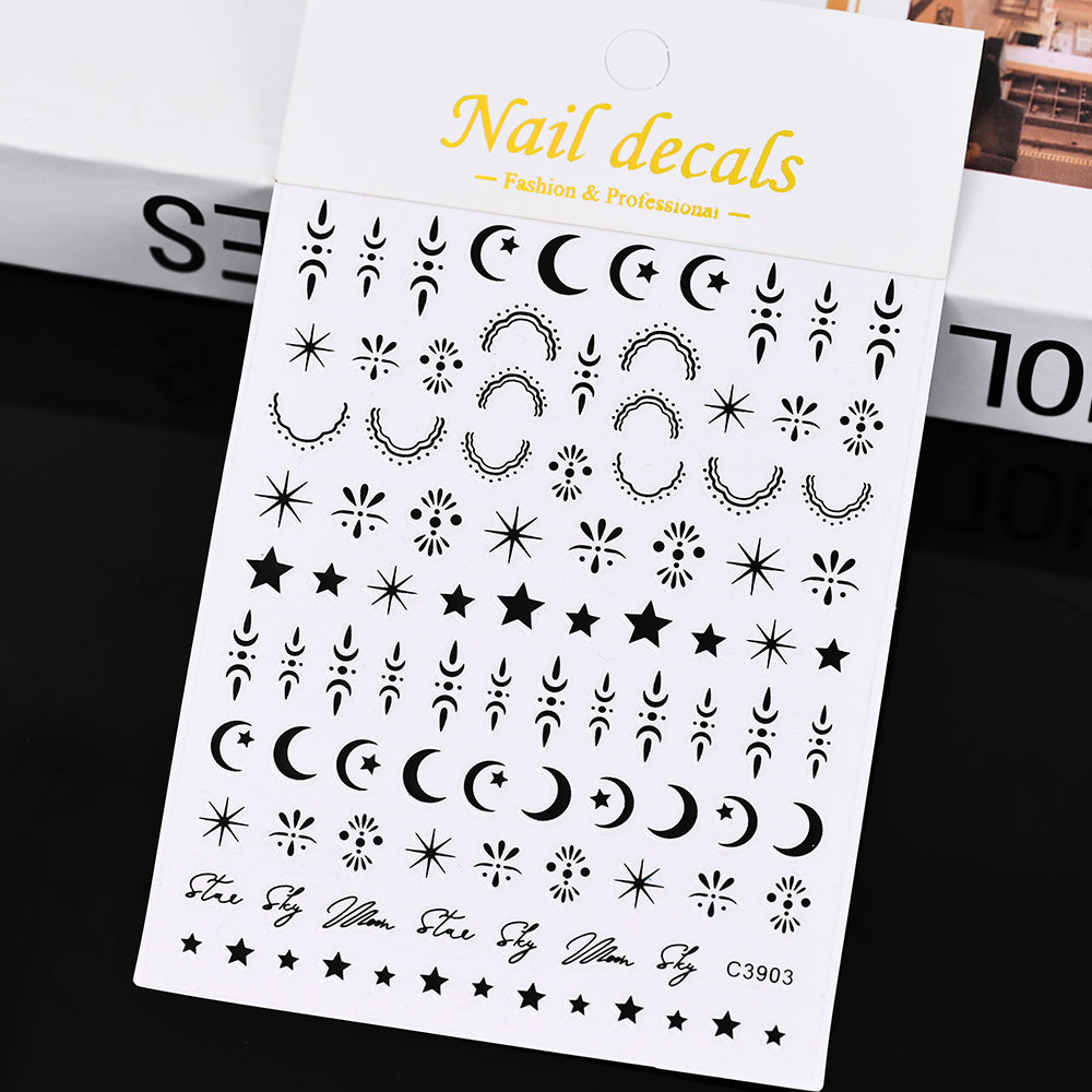 3D Gold Sun Moon Star Bronzing Nail Art Sticker, Laser Star Moon Design, Self-Adhesive Slider Decals in Gold, Silver