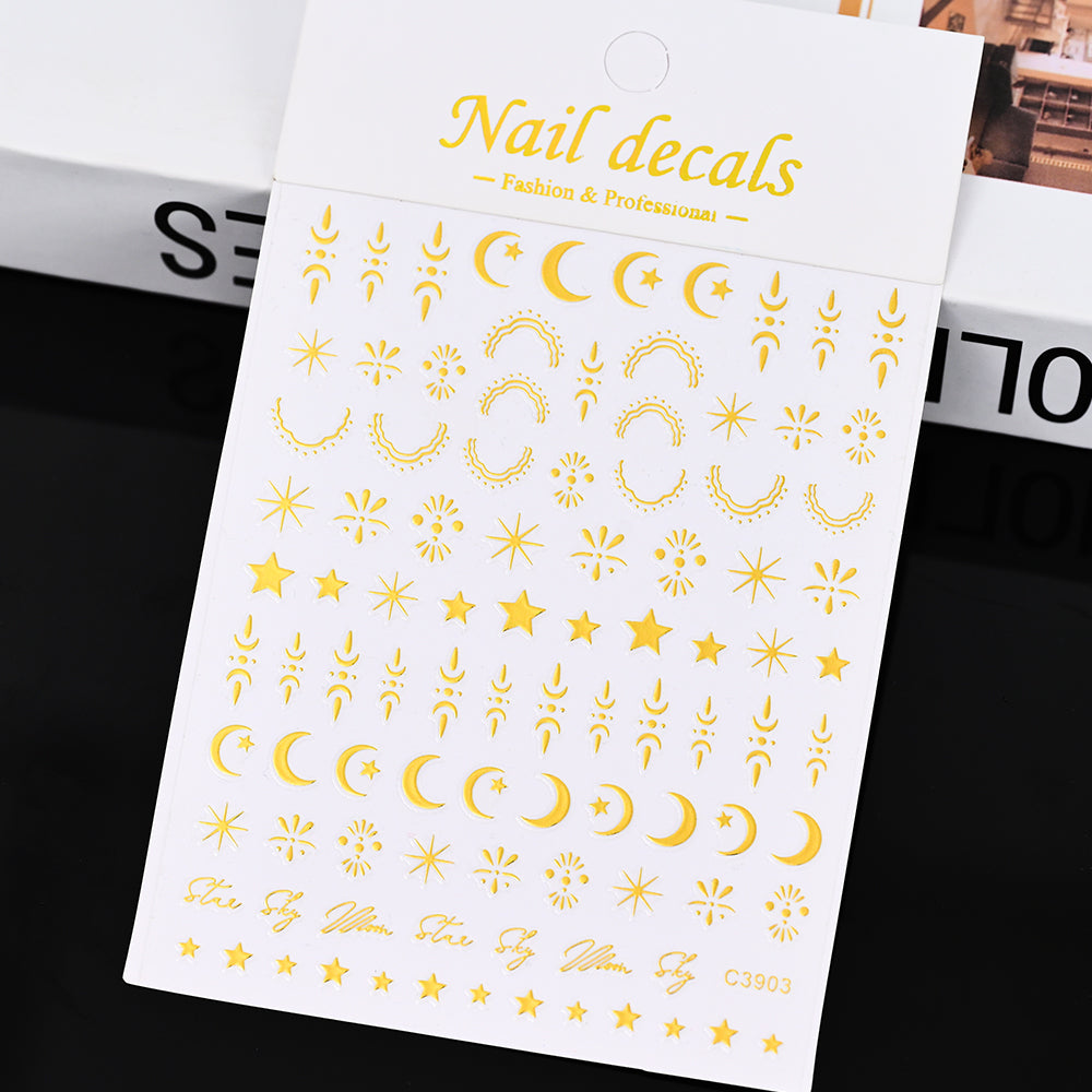 3D Gold Sun Moon Star Bronzing Nail Art Sticker, Laser Star Moon Design, Self-Adhesive Slider Decals in Gold, Silver