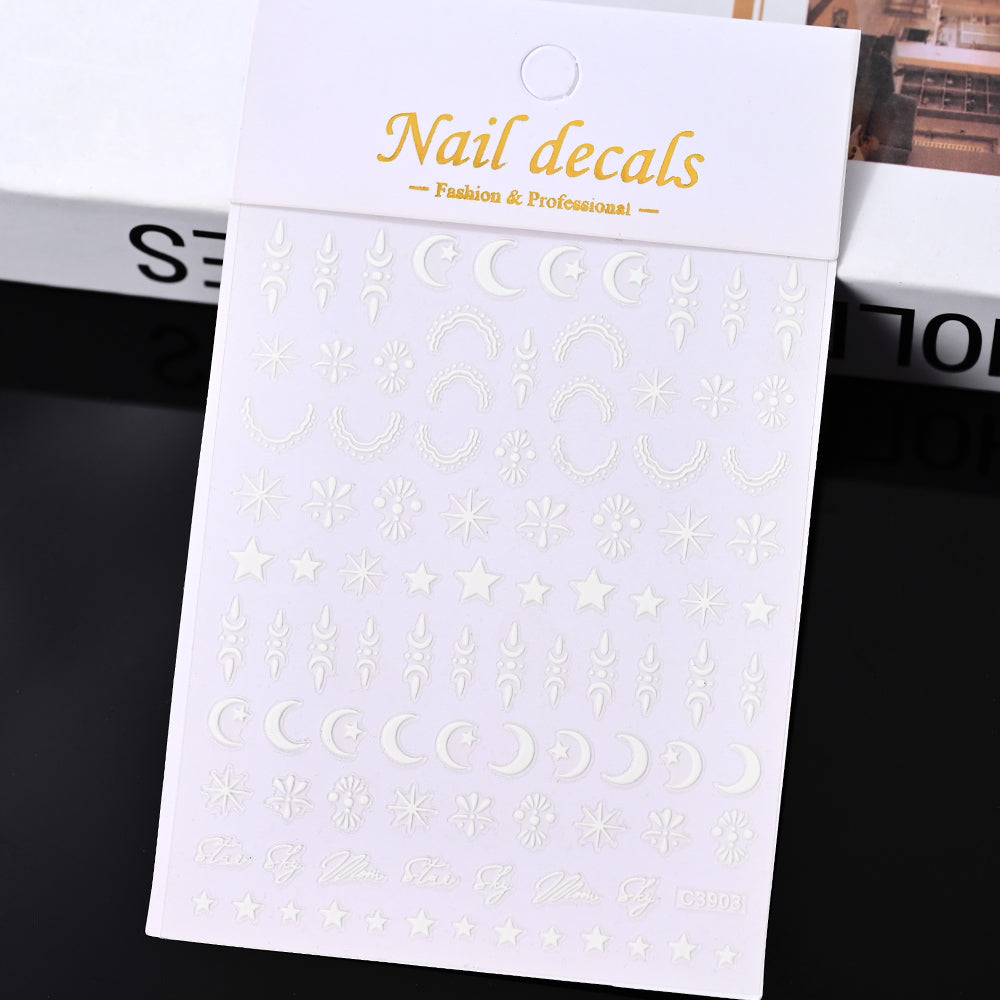 3D Gold Sun Moon Star Bronzing Nail Art Sticker, Laser Star Moon Design, Self-Adhesive Slider Decals in Gold, Silver