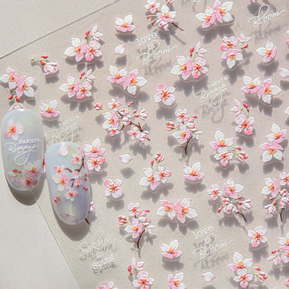 Flowers Blooming Cherry Blossom Sakura Nail Art Stickers, 5D Soft Relief Spring Adhesive Manicure Decals for a Chic