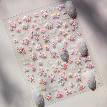 Flowers Blooming Cherry Blossom Sakura Nail Art Stickers, 5D Soft Relief Spring Adhesive Manicure Decals for a Chic
