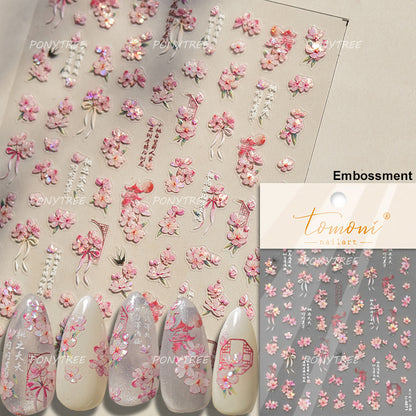 Flowers Blooming Cherry Blossom Sakura Nail Art Stickers, 5D Soft Relief Spring Adhesive Manicure Decals for a Chic