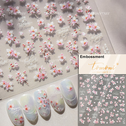 Flowers Blooming Cherry Blossom Sakura Nail Art Stickers, 5D Soft Relief Spring Adhesive Manicure Decals for a Chic