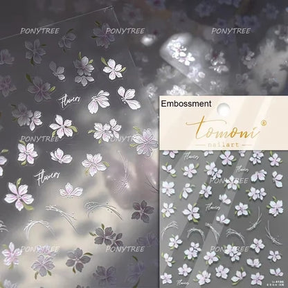 Flowers Blooming Cherry Blossom Sakura Nail Art Stickers, 5D Soft Relief Spring Adhesive Manicure Decals for a Chic