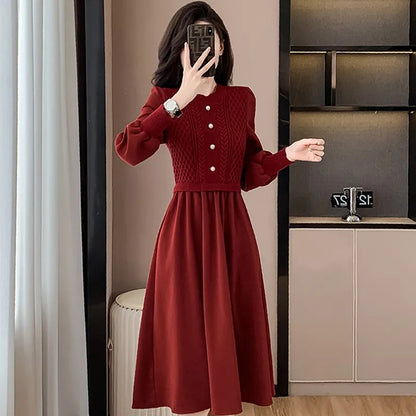 Autumn Ladies Long Styles Sweater Dress, Women NewCasual O Neck Long Dresses, Lantern Sleeve Knitted Two Piece Dress