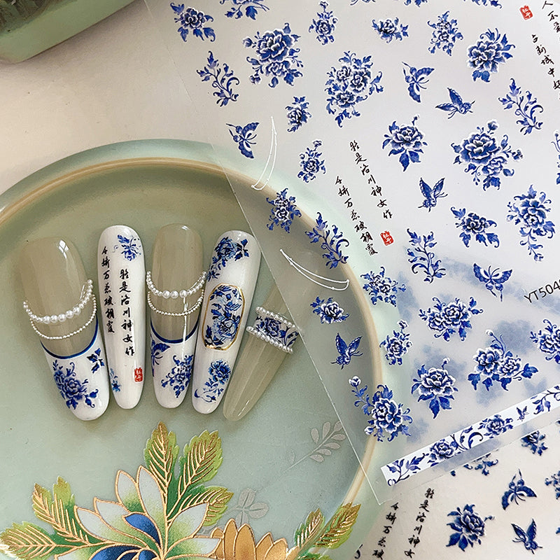 Blue White Porcelain Chinese Style 3D Nail Art Stickers, Self-Adhesive Floral Manicure Decals for Salon & DIY