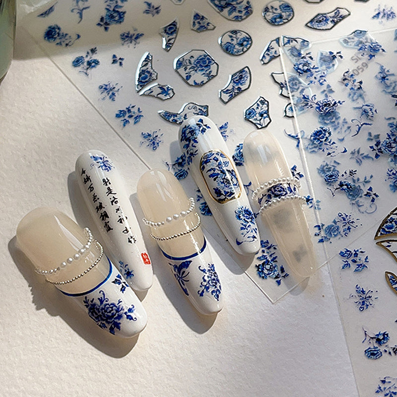 Blue White Porcelain Chinese Style 3D Nail Art Stickers, Self-Adhesive Floral Manicure Decals for Salon & DIY