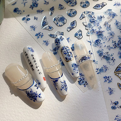 Blue White Porcelain Chinese Style 3D Nail Art Stickers, Self-Adhesive Floral Manicure Decals for Salon & DIY
