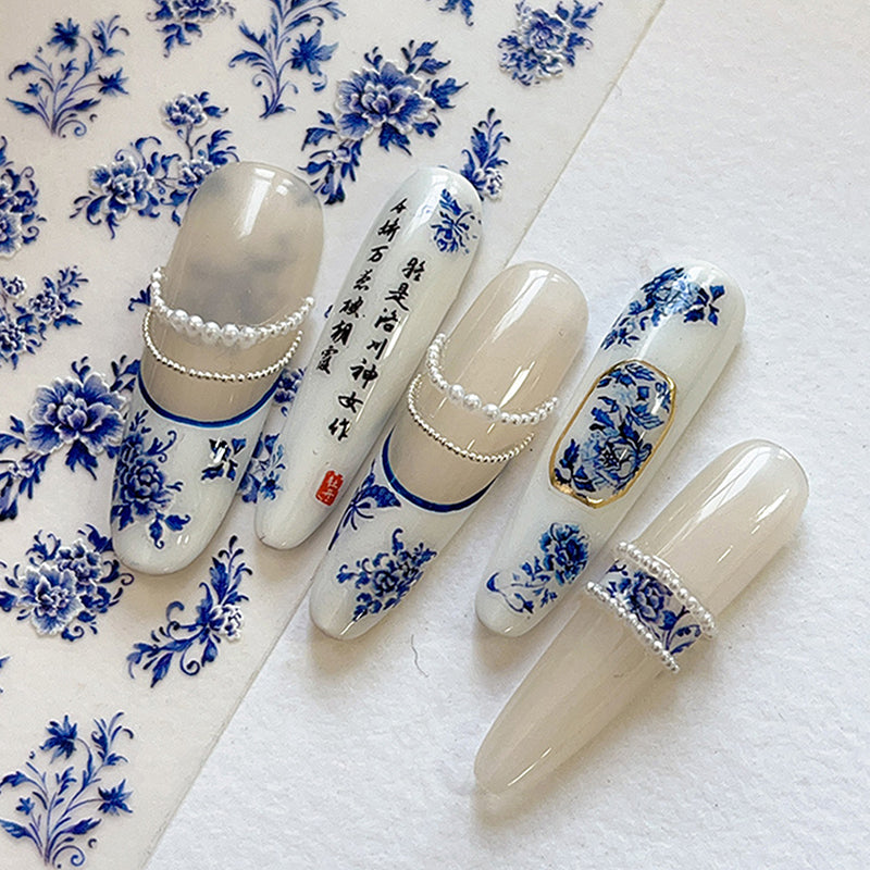 Blue White Porcelain Chinese Style 3D Nail Art Stickers, Self-Adhesive Floral Manicure Decals for Salon & DIY