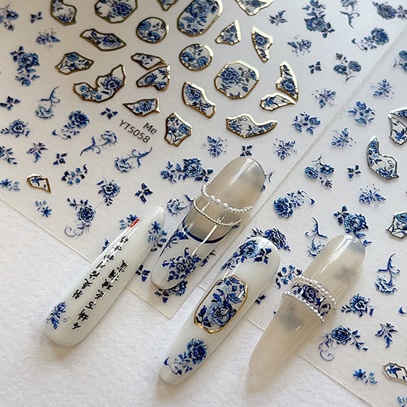 Blue White Porcelain Chinese Style 3D Nail Art Stickers, Self-Adhesive Floral Manicure Decals for Salon & DIY